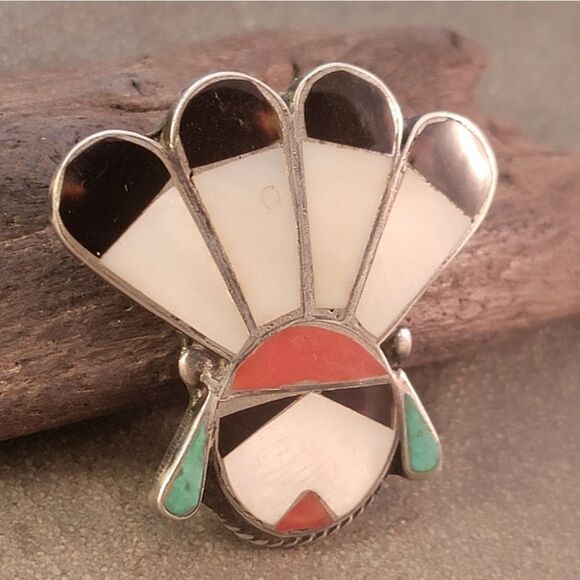 Vintage Sterling Zuni Sun Face Inlay Brooch Pin - Picture 3 of 9